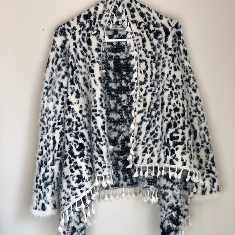 Jodifl Fringe Fuzzy Cardigan in Black and White